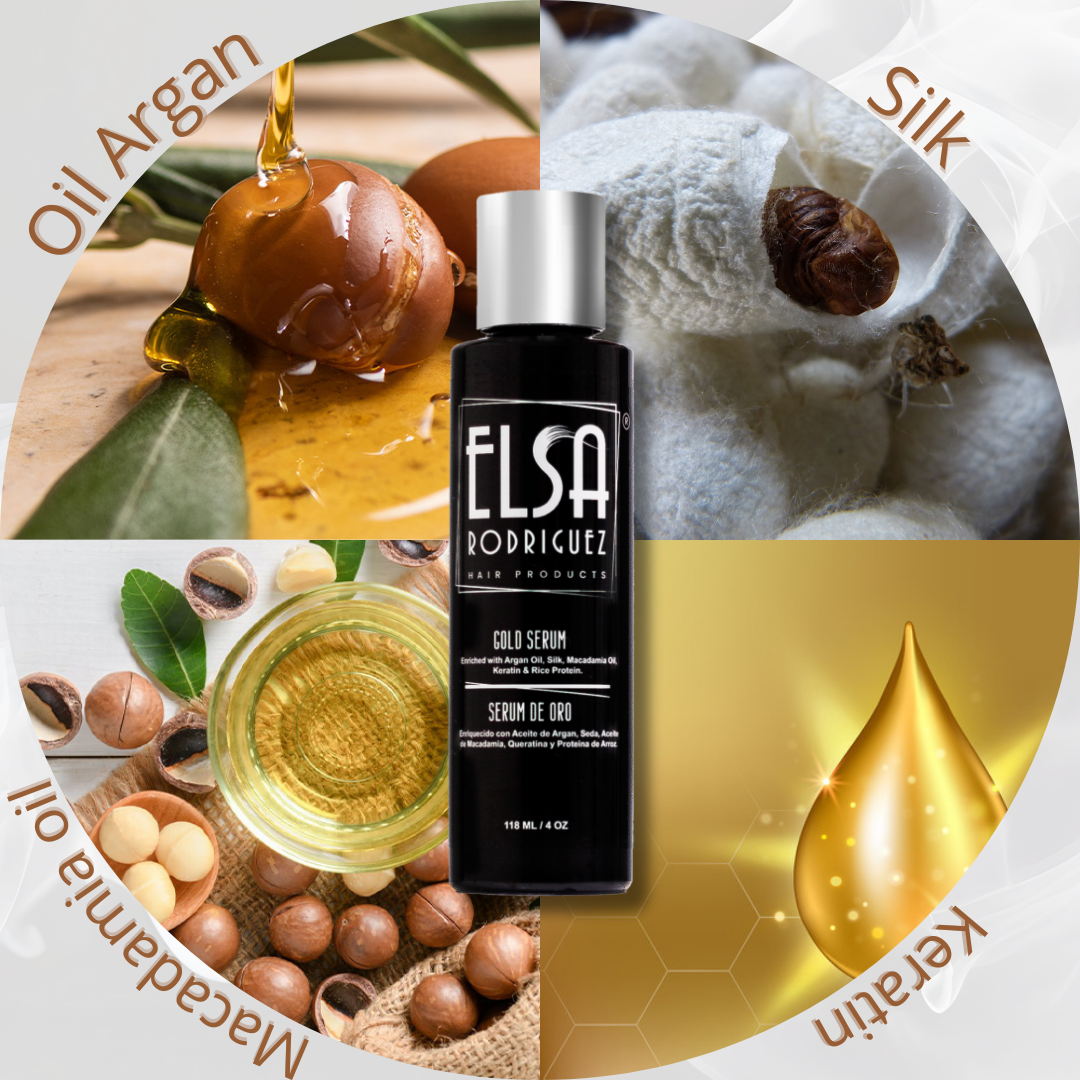 Elsa Rodriguez, Gold Serum Product Anti Frizz Hair Serum & Damaged, Hair oil, Enriqueced with silk , Oil Argan, Macadamia keratin hair oil & Rice Protein, Smooth Hair Serum. 4 Oz