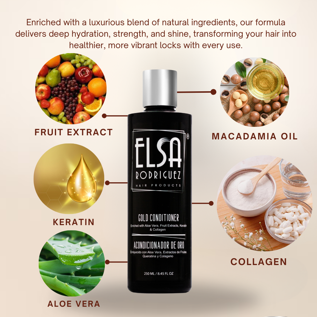 Elsa Rodriguez, Gold Conditioner, Cream Rinse Hair Conditioner for Women and Men with Curly and Straight, Enriched with protein & Fruit Extracts, Keratine and Collagen, Free Paraben and Sulfate 8.45Oz