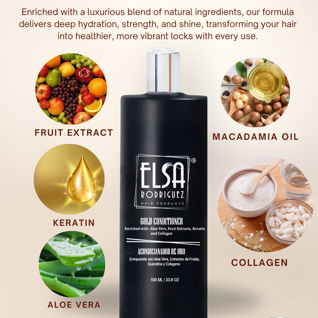Elsa Rodriguez, Gold Conditioner, Cream Rinse Hair Conditioner for Women, Men with Curly and Straight, Enriched with Aloe Vera, Fruit Extract, Keratin, and Collagen, Free Paraben and Sulfate 33.8 Oz