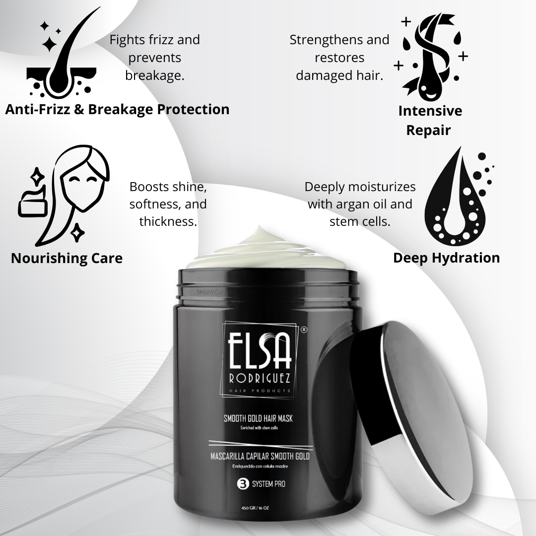 Elsa Rodriguez, Smooth Gold hair mask, deep conditioning treatment damaged & growth, hair mask treatment , seals the cuticle & repairing hair, enriched with stem cells restorative hair mask, 16 Oz.