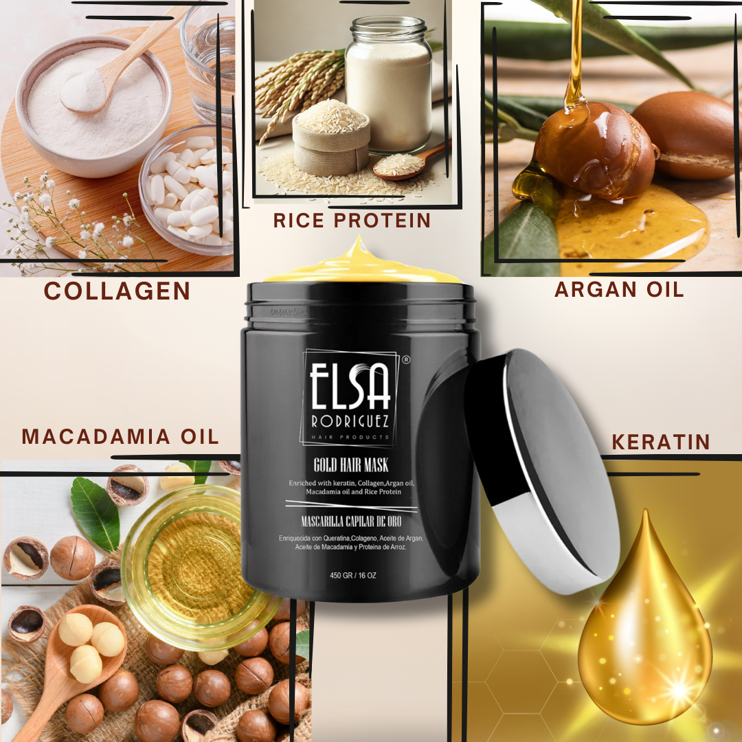 Elsa Rodriguez, Gold hair mask, treatment deep conditioner for dry damaged hair , enriched with products natural keratin,collagen,argan oil, macadamia & rice protein, repairing hair mask of 16Oz.