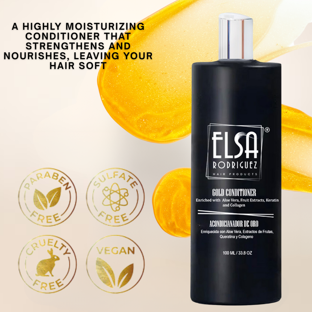 Elsa Rodriguez, Gold Conditioner, Cream Rinse Hair Conditioner for Women, Men with Curly and Straight, Enriched with Aloe Vera, Fruit Extract, Keratin, and Collagen, Free Paraben and Sulfate 33.8 Oz