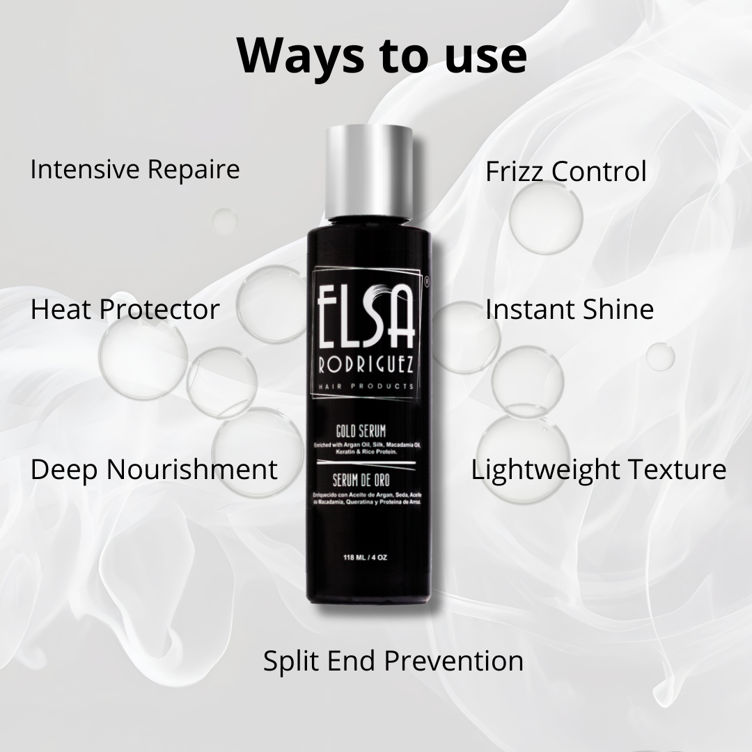 Elsa Rodriguez, Gold Serum Product Anti Frizz Hair Serum & Damaged, Hair oil, Enriqueced with silk , Oil Argan, Macadamia keratin hair oil & Rice Protein, Smooth Hair Serum. 4 Oz