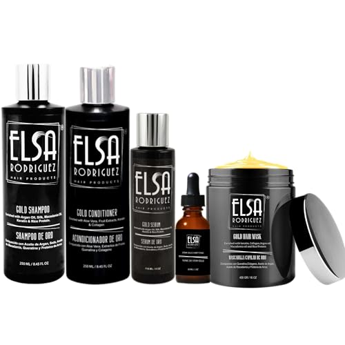 Elsa Rodriguez - Gold Hair Care Set: Shampoo, Conditioner, Mask, Serum & Stem Cells Tonic - Sulfate-Free, Enriched with Keratin, Argan Oil, Macadamia & Rice Protein for All Hair Types.