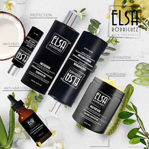 Elsa Rodriguez - Gold Hair Care Set: Shampoo, Conditioner, Mask, Serum & Stem Cells Tonic - Sulfate-Free, Enriched with Keratin, Argan Oil, Macadamia & Rice Protein for All Hair Types.