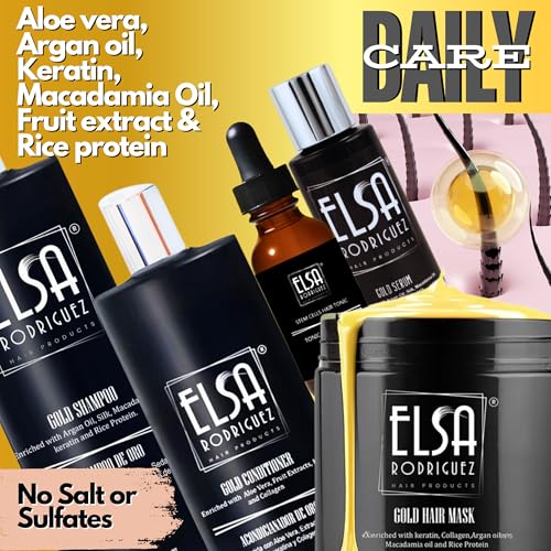 Elsa Rodriguez - Gold Hair Care Set: Shampoo, Conditioner, Mask, Serum & Stem Cells Tonic - Sulfate-Free, Enriched with Keratin, Argan Oil, Macadamia & Rice Protein for All Hair Types.