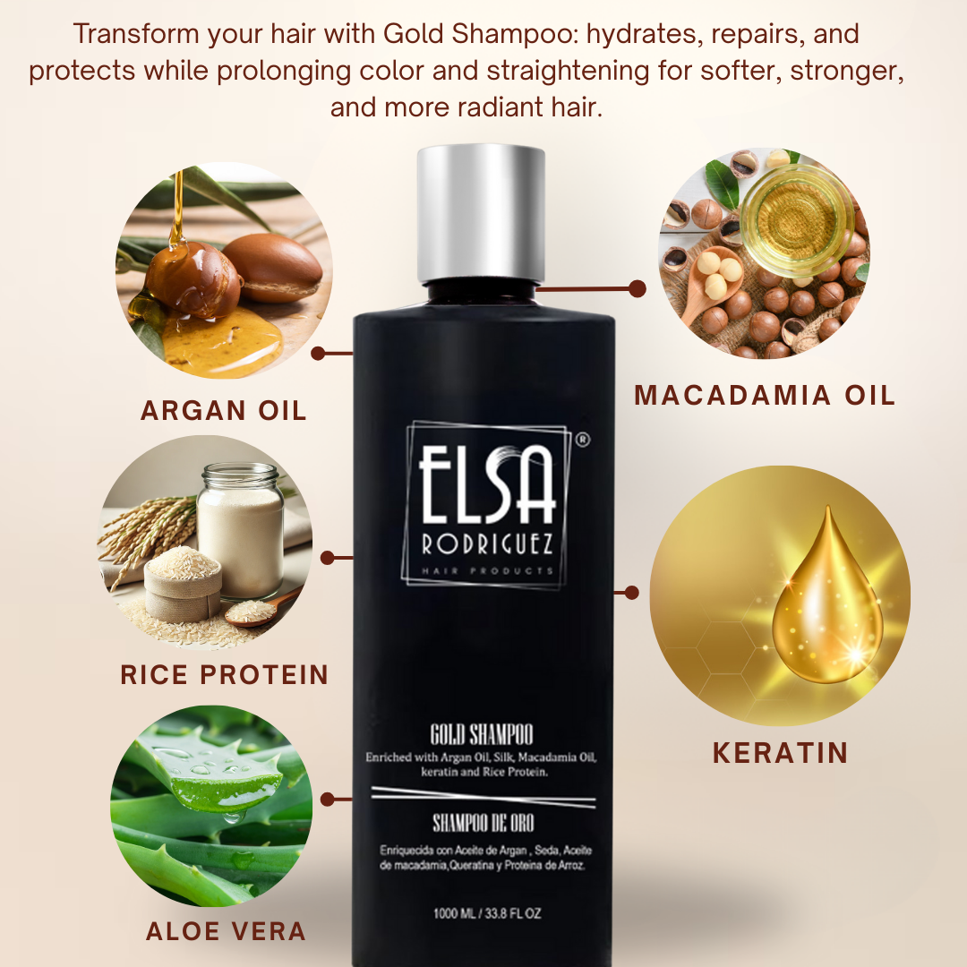 Elsa Rodriguez - Gold Shampoo - Deep Cleansing - Hair - Argan Oil, Oil Macadamia, Keratin & Rice Protein Color Treated Hair Natural - Sulfate Free Shampoo - Free Parabens 33.8 Oz